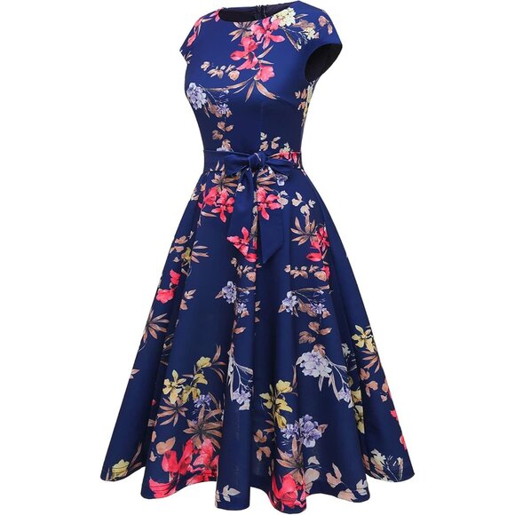 Dresstells Women's Navy Flower Modest Vintage Cocktail Formal Party Dresses - Picture 3 of 5
